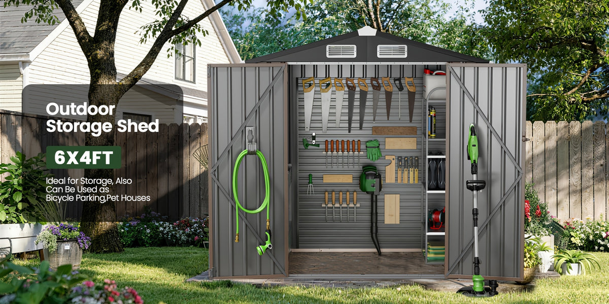 [Metal Storage Shed] 8x6ft (7.33'x5.28' Base, No Floor), 6 X 4ft, 10x12ft, 10x14ft, Metal Steel Outdoor Storage Shed with Air Vent & Lockable Doors, for Garden, Patio And Backyard, Tools, Bike