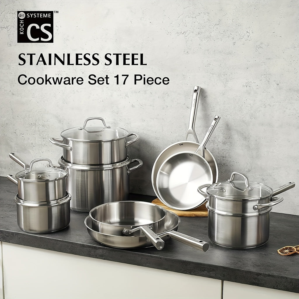17pcs Stainless Steel Cookware Set, 17pcs Stainless Steel Pots And Pans Set for Home Cooking, Stainless Steel Kitchen Set Suitable for All Stoves, Induction Cookware Set, Oven & Dishwasher Safe