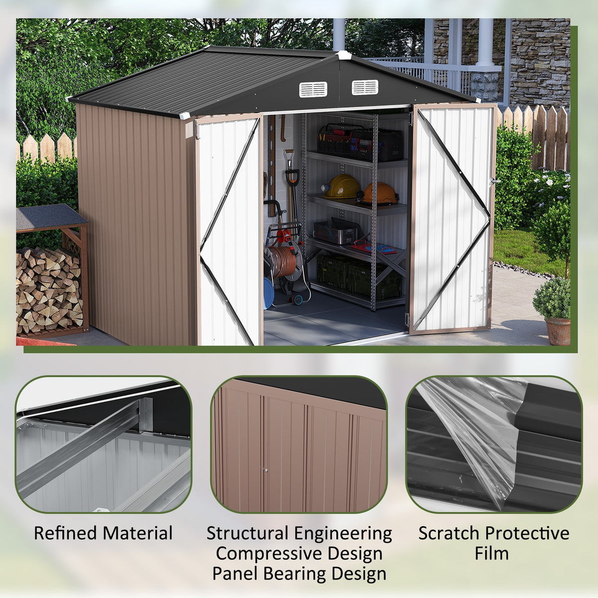 6' X 4' Brown Metal Outdoor Storage Shed with Base Frame, Weather-Resistant Steel Tool Shed with Lockable Doors for Garden, Patio, Backyard, And Lawn