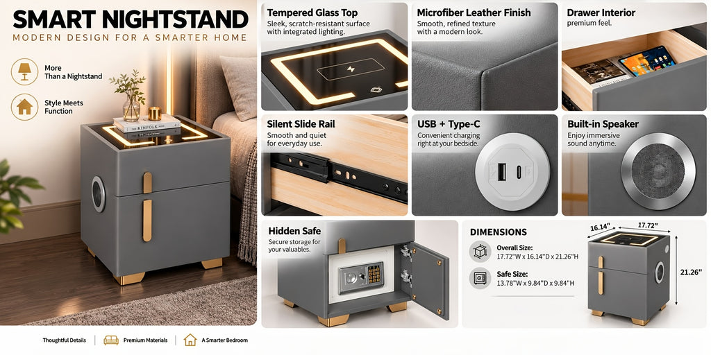 Light Luxury High-end Modern Double Drawer Safe Bedside Table, Multifunctional Bedside Table with Password Lock for Storing Valuable Items