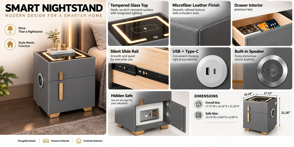 Light Luxury High-end Modern Double Drawer Safe Bedside Table, Multifunctional Bedside Table with Password Lock for Storing Valuable Items