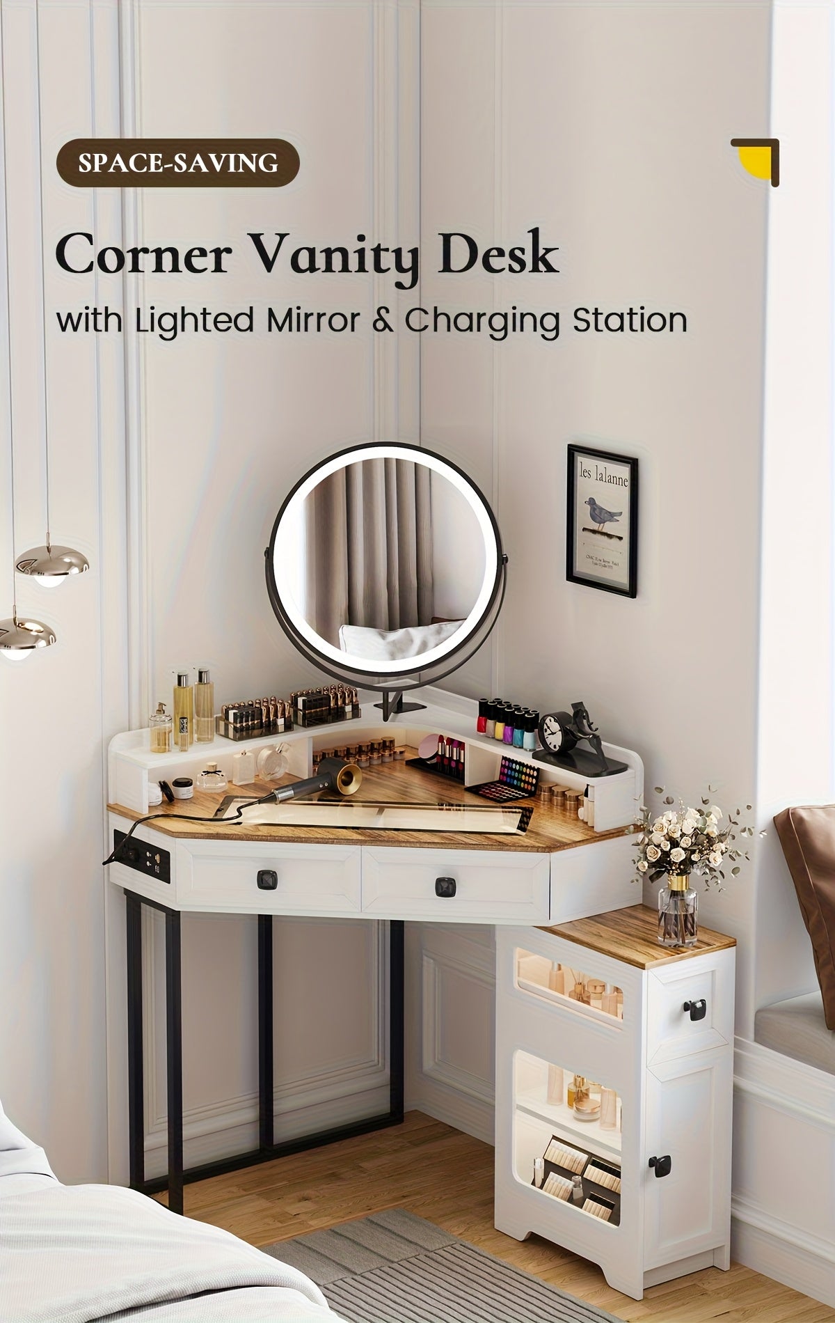 Dystler Corner Vanity With Mirror And Lights, Modern Makeup Vanity Set With Charging Station For Bedroom/Cloakroom, Glass Top Vanity Table With Drawers And Shelves, White