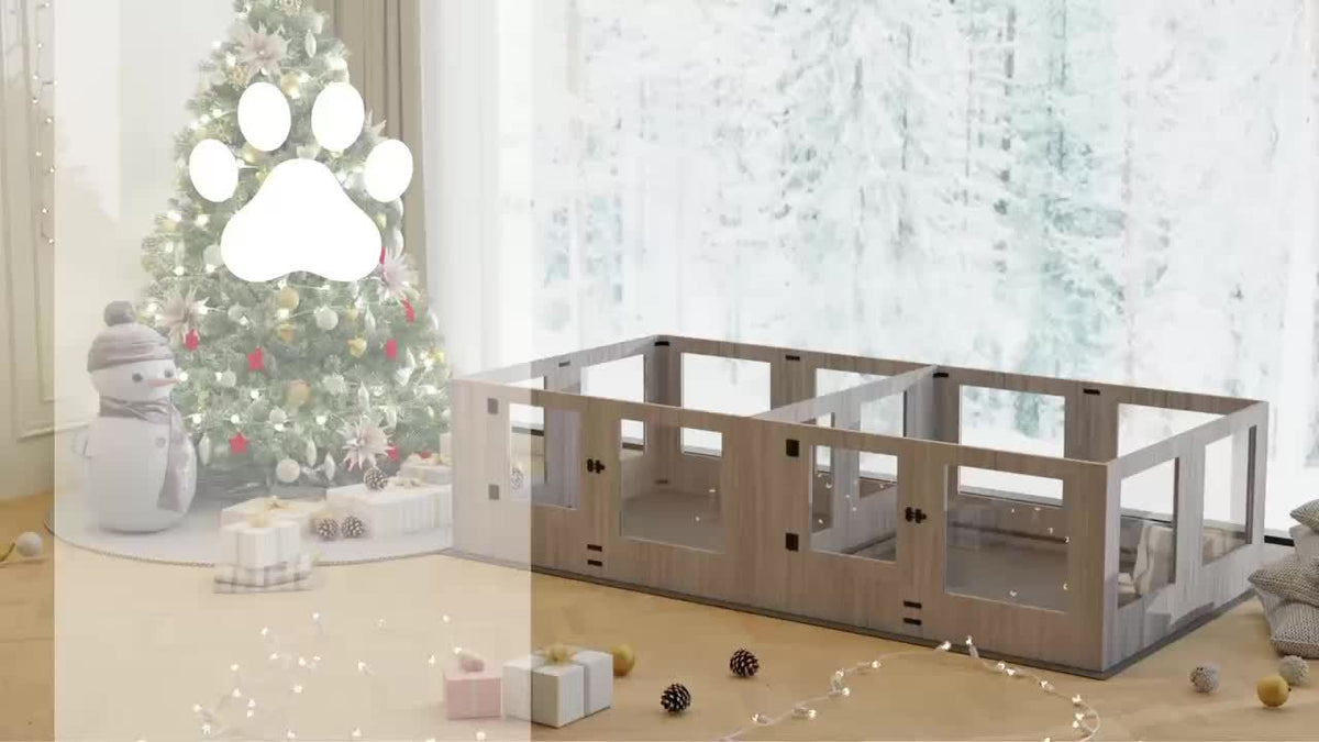 XXL 14-Panel Dog Playpen & Whelping Box with Tempered Glass, Sturdy MDF Construction, and Safety Rails - Spacious Indoor/Outdoor Pet Enclosure for Dogs and Puppies, Puppy Playpen