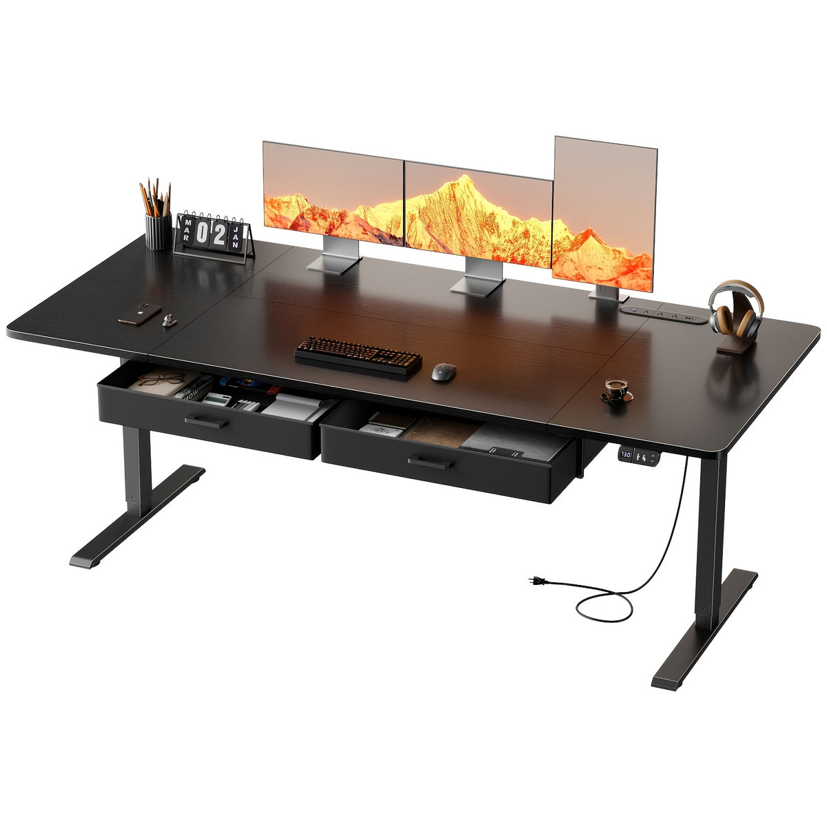 Electric Standing Desk with Dual Drawers and Built-In Power Panel for Home Offices and Gaming Setups