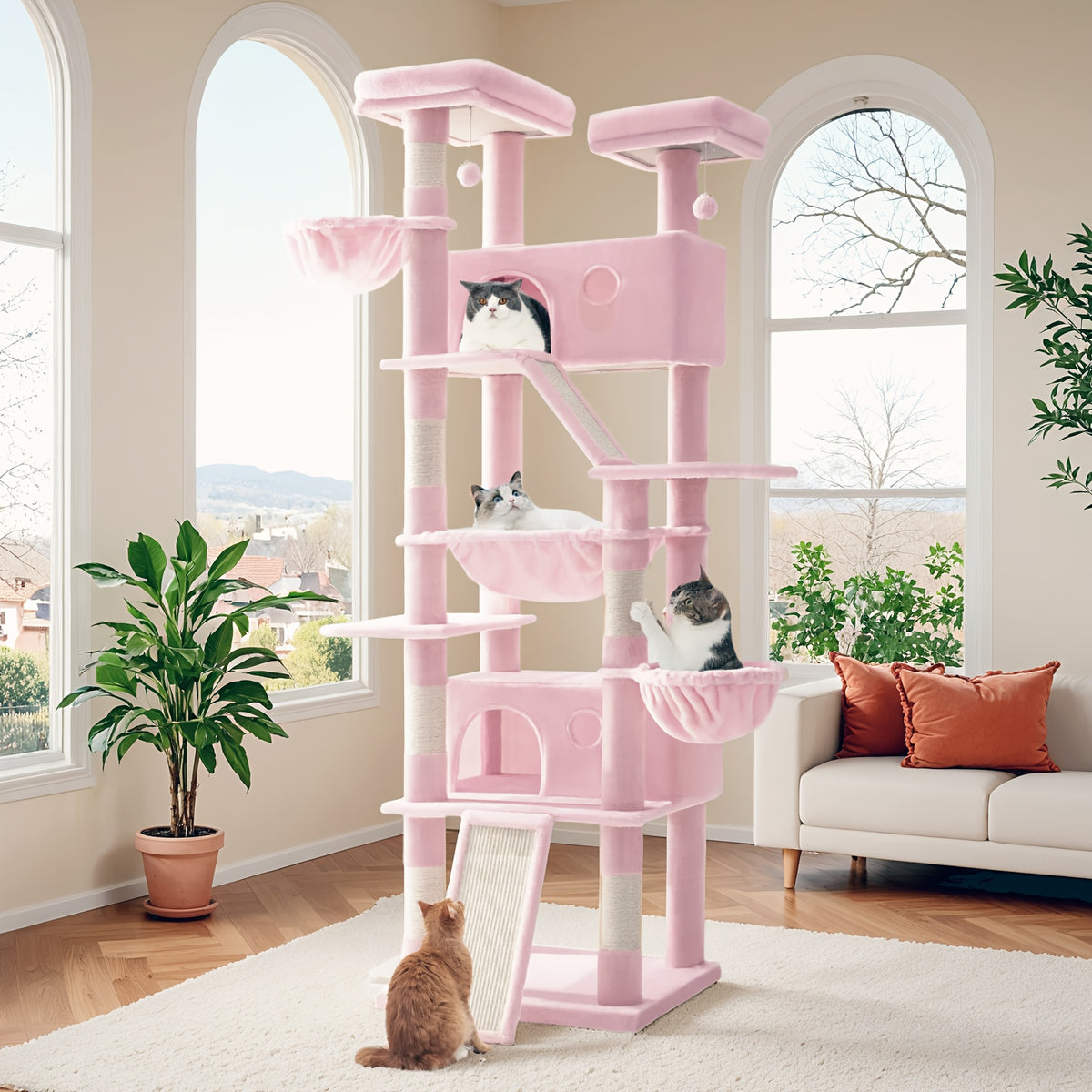 HOOMIC 81-Inch Multi-Level Tall Cat Tree for Indoor Cats/ Large Cat Tower with Plush Condo/ Hanging Hammock & Basket/ Comfortable Cat Perches/ Sisal Scratching Posts/ Sturdy Base/ Spacious Play House/ Pet Furniture/ Free Shipping
