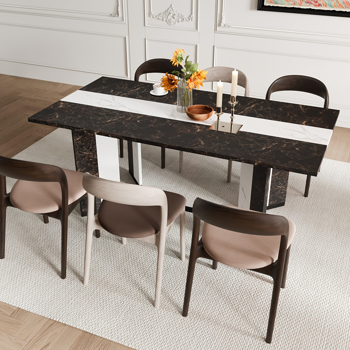 71" Rectangle Modern Dining Table For Office Kitchen Living Room, 6ft Luxurious Family Dinner Table For 4 5 6 7 People W/35 Marble-Color Wood Watrproof Tabletop, Adjustable Leg