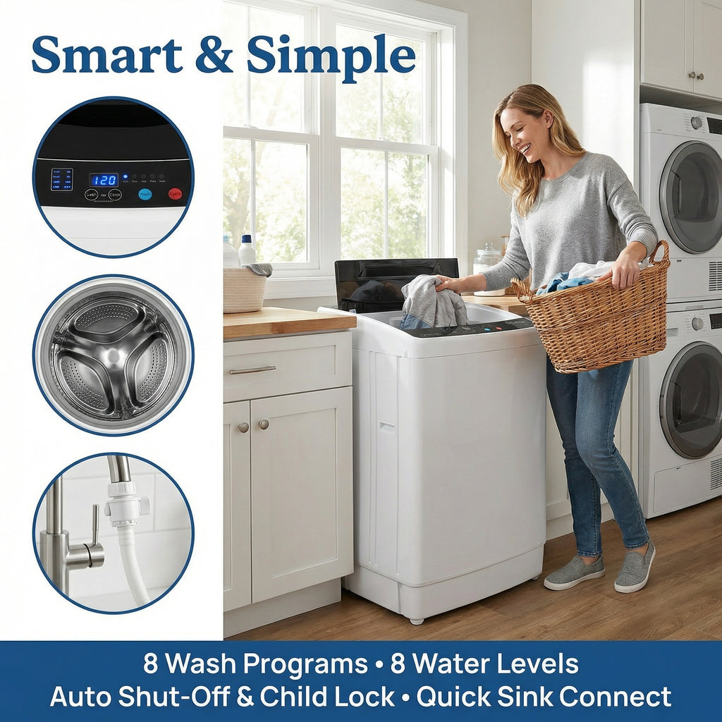15.6/17.6/25/30lbs Full Automatic Portable Washing Machine - Compact Design with Drain Pump, 10 Programs, 8 Water Levels, LED Display & 24H Delay Start, Ideal for Apartment, RV & Camping