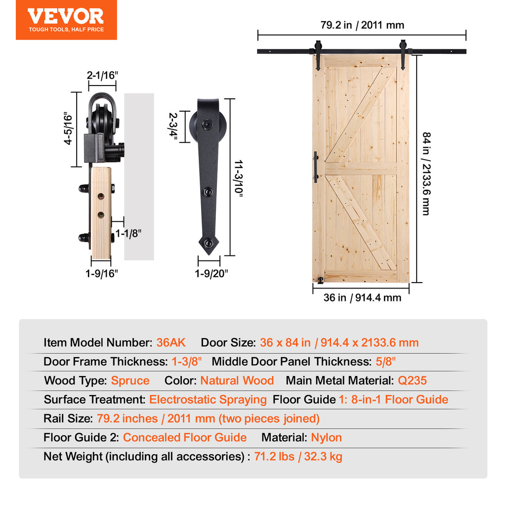 VEVOR Barn Door and Hardware Kit, 30/36" x 84" Wood Sliding Barn Door, Smoothly and Quietly, Barn Door Kit with 8-in-1 Floor Guide and Door Handle, Spruce Wood Panelled Slab, Easy to Install