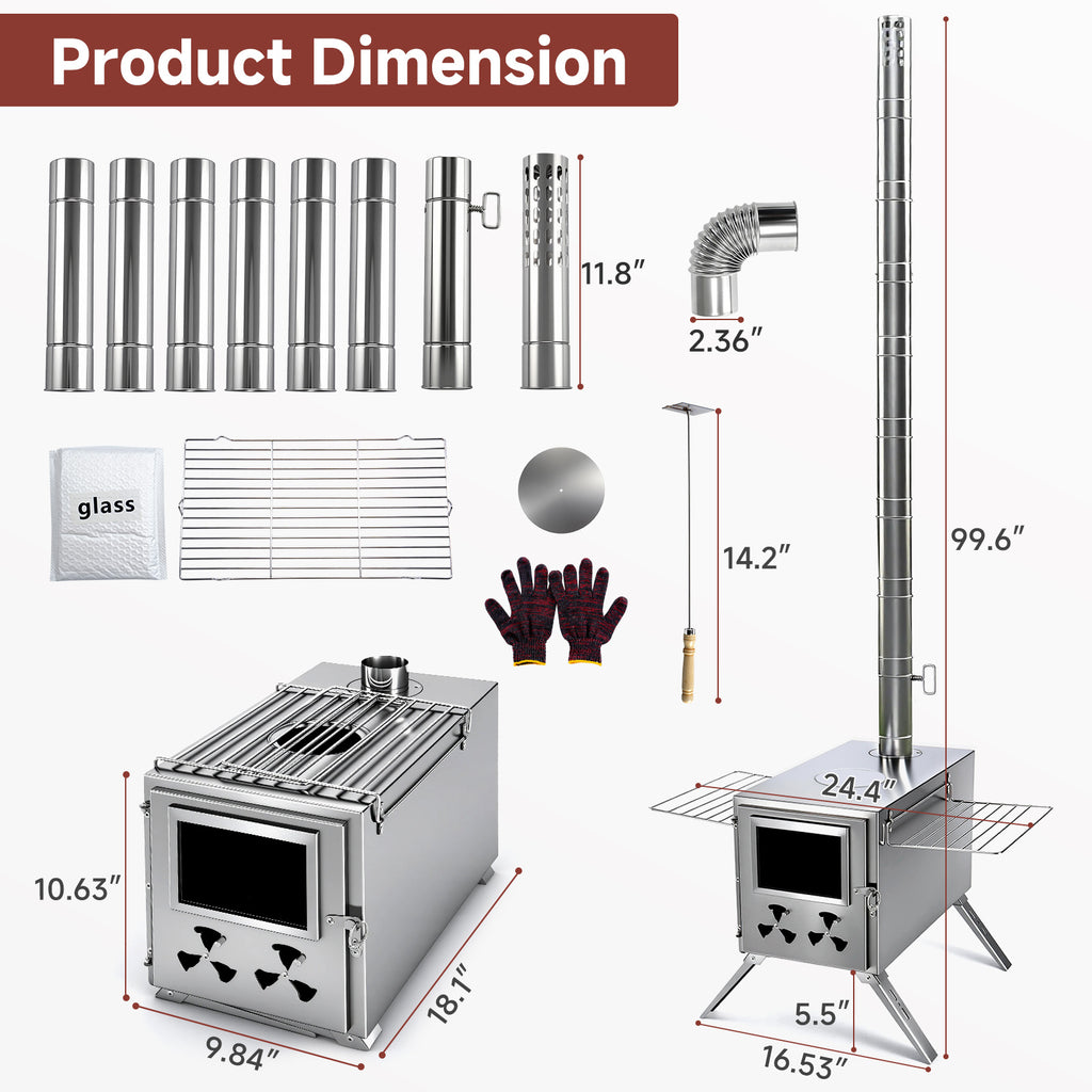 Hot Tent Stove, Camping Wood Stove for Tent, Portable Stainless Steel Wood Burning Stove with 7 Chimney Pipes for Wall Tent Camping, Cooking, Ice Fishing, Hunting, Boiling Water - Large
