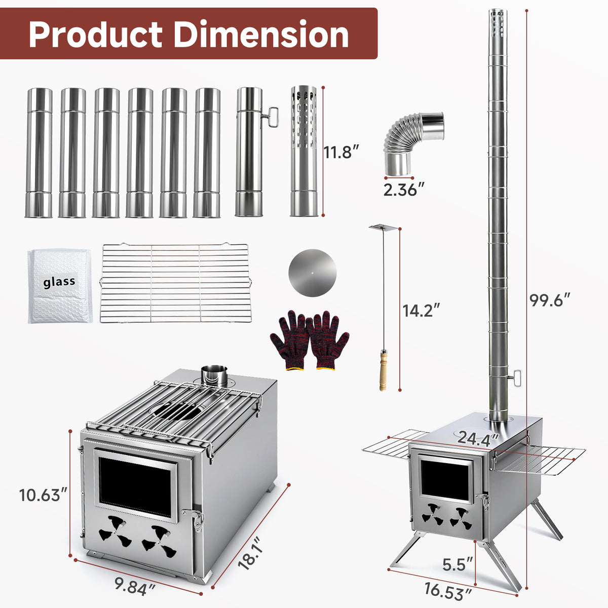 Hot Tent Stove, Camping Wood Stove for Tent, Portable Stainless Steel Wood Burning Stove with 7 Chimney Pipes for Wall Tent Camping, Cooking, Ice Fishing, Hunting, Boiling Water - Large