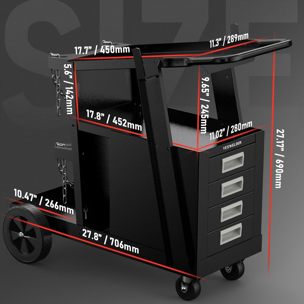 YESWELDER Welding Cart with 4 Drawers for MIG Welder TIG Welder And Plasma Cutter, Heavy Duty Large Storage 360° Rolling Welding Trolley
