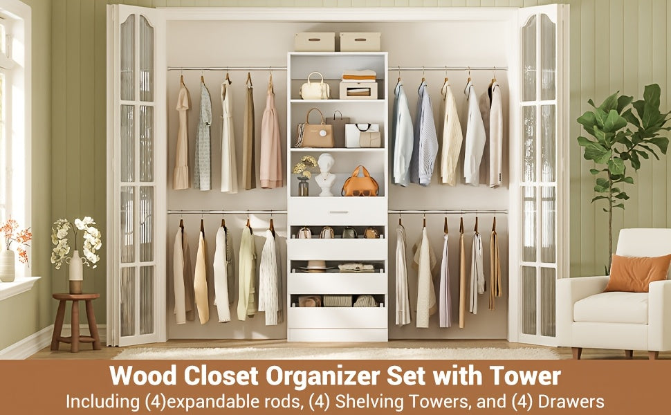 Closet System, Closet Organizer System with 4 Wooden Drawers, Walk-in Closet Wardrobe Clothes Rack with 4 Hanging Rods, Fit for 4-9ft Space, Garment Rack, White, Mounted Closet Systems