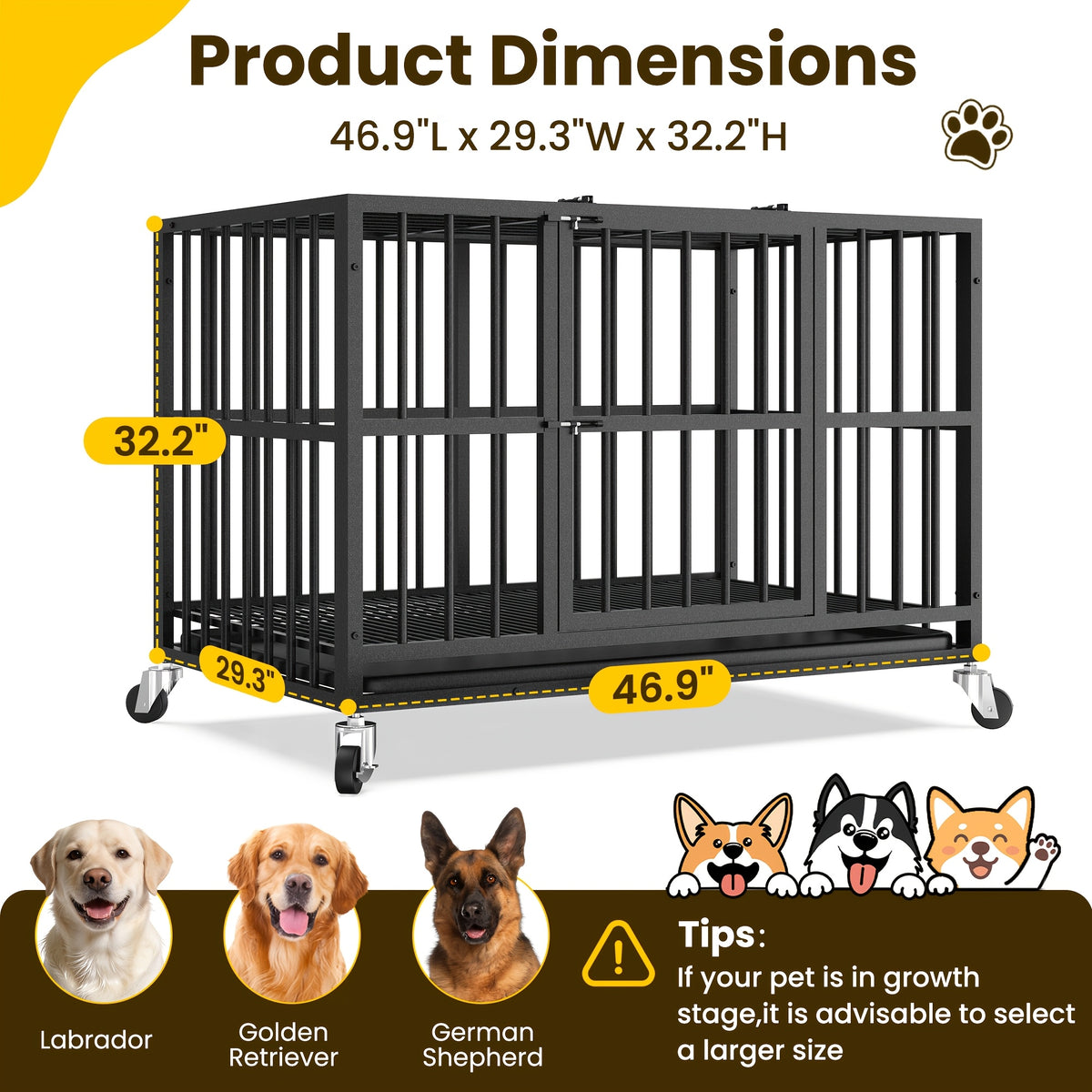 [Indoor Dog Crate] Heavy Duty Simple Version Round Pipe Iron Dog Crate, Indoor Double Door Dog Crate With Wheels With Removable Tray