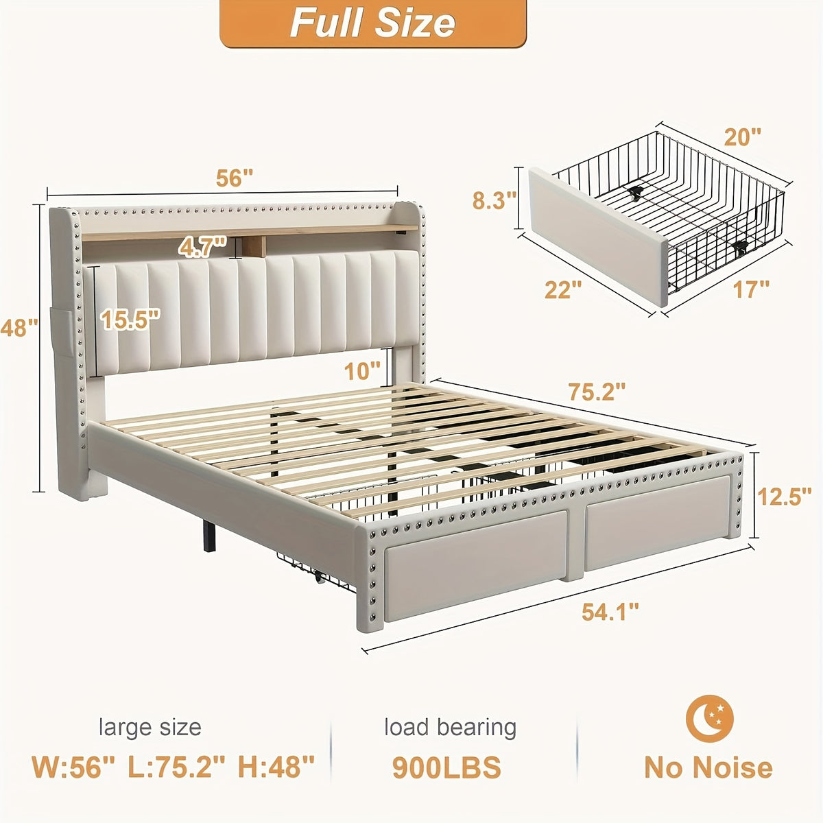 King Size Upholstered Bed Frame with Storage, 2-Tier Headboard And 2 Drawers, Sturdy Wood Slats, No Box Spring Needed, Noise-Free, Modern Grey/Beige, Easy Assembly, Space Saving