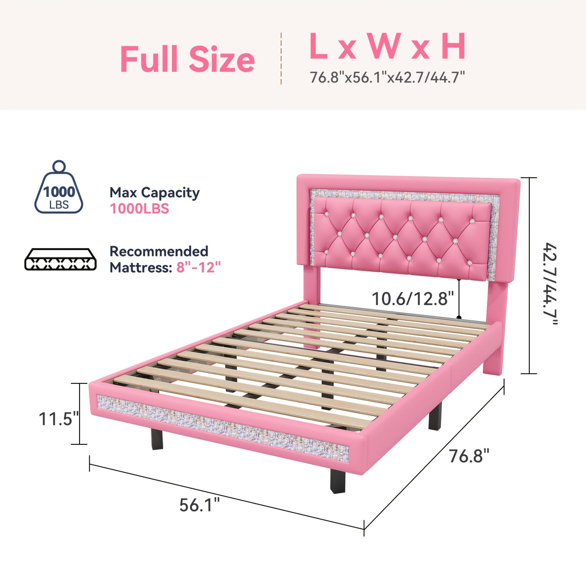 MRAEER Diamond Quilted Velvet Silent Full/Queen Bed Frame | LED Lights, Diamond Quilted Footboard, Adjustable Headboard, No Mattress Required, Easy Assembly, Available in Pink/White/Black, Powered, Contemporary Style, Christmas Gift