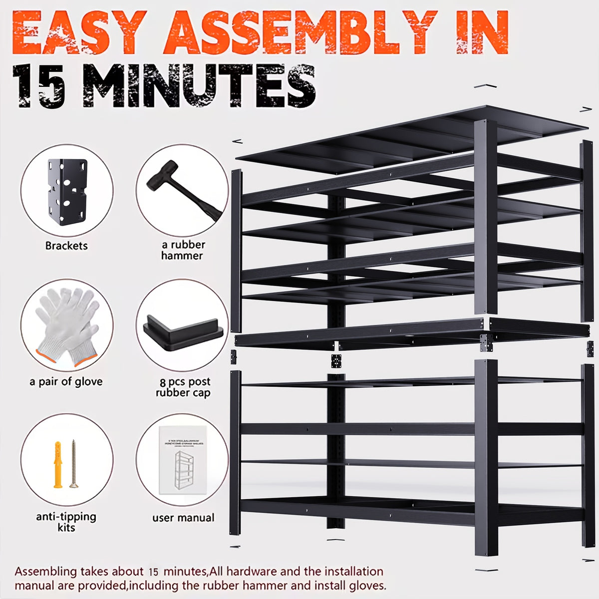 Garage Shelving Heavy Duty, 5-Tier Industrial Shelving Unit with Hooks, Adjustable Storage Shelves for Garage, Basement, Warehouse, Utility Shelves