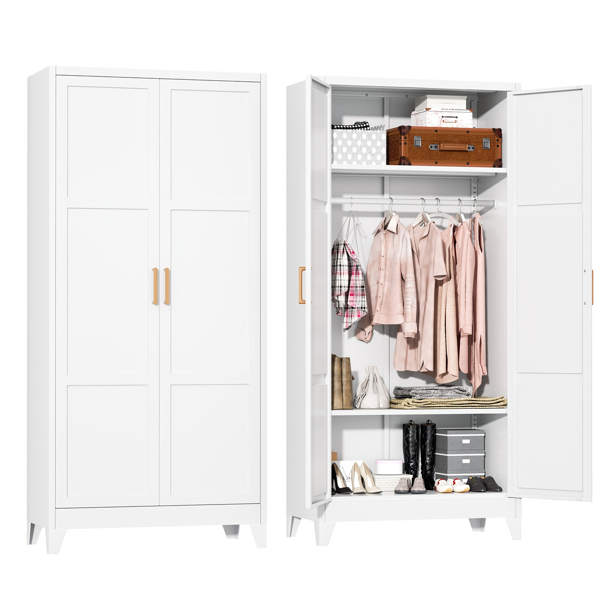 71" Tall Metal Wardrobe Cabinet, Closet Organizer With Hanging Rod, Heavy Duty Storage Cabinet For Home, Bedroom, Laundry Room, Office, Gym