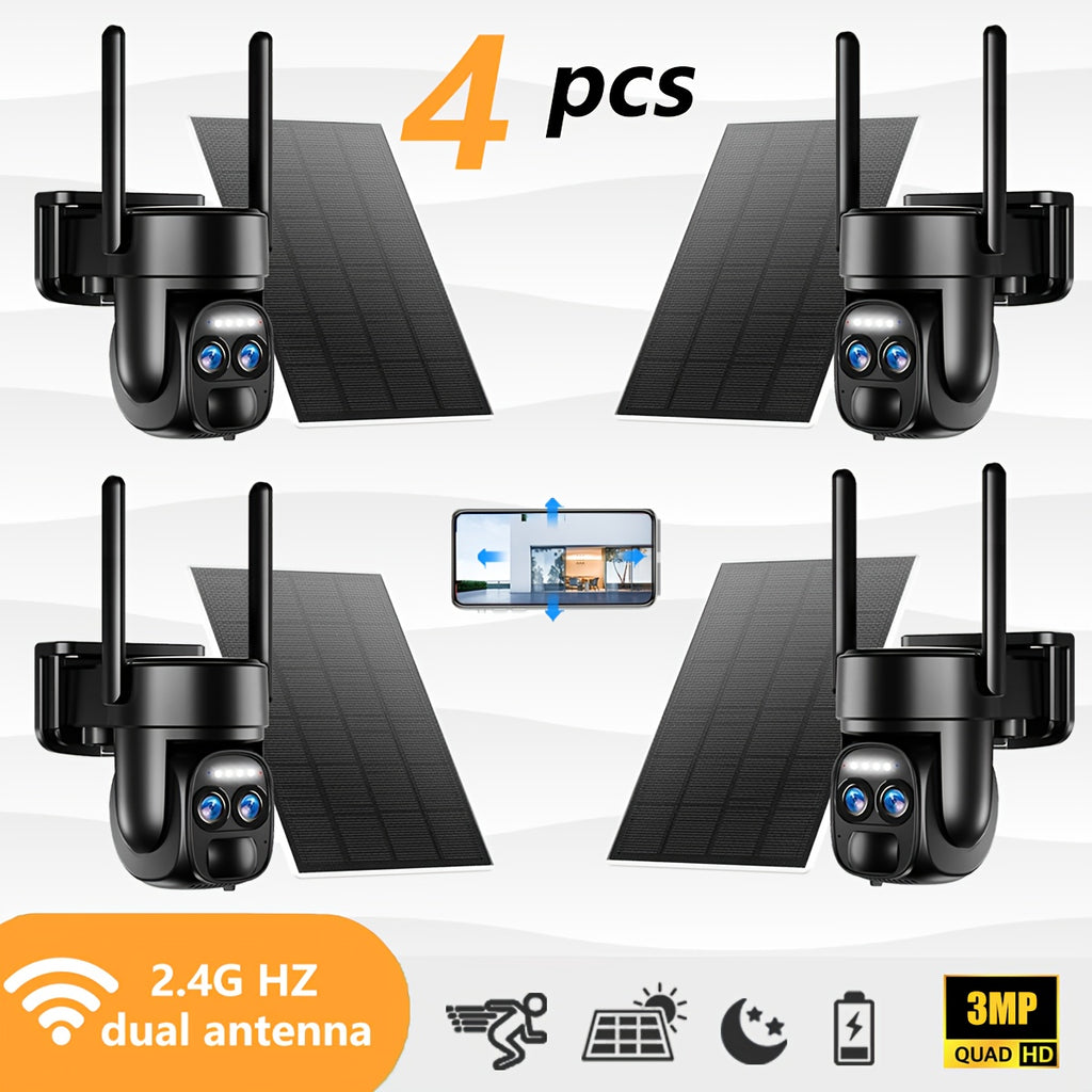 Set of 4 Hawkray Solar Security Wireless Outdoor Cameras, 3MP Resolution with 360° Pan And Tilt Control, 10X Zoom, Two-Way Audio, Spotlight Siren, And PIR Motion Detection