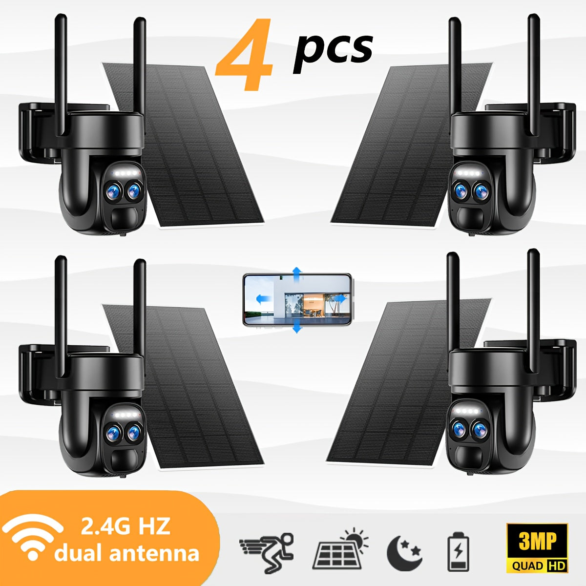 Set of 4 Hawkray Solar Security Wireless Outdoor Cameras, 3MP Resolution with 360° Pan And Tilt Control, 10X Zoom, Two-Way Audio, Spotlight Siren, And PIR Motion Detection