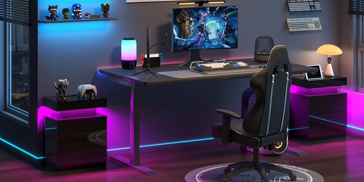 High Gloss LED Nightstand Set of 2 with Charging Station, Modern Bedside Table Night Stand with LED Lights