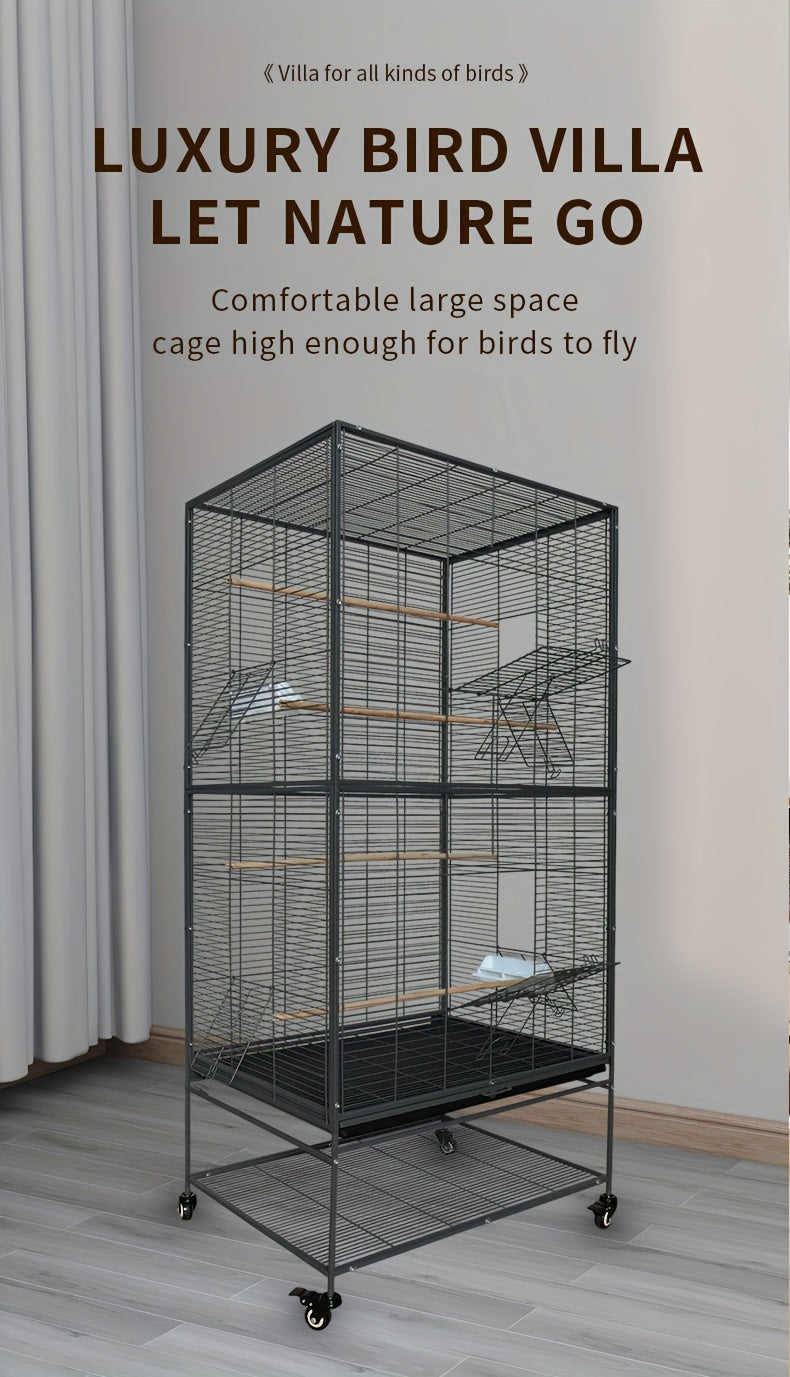 Luxury Villa Birdcage, Extra Large Parrot Cage with Wheels And Roof, Easy Assembly Bird Aviary for Macaw, Roosteratiel, Parakeet, Lovebird, Finch, with Horizontal Wire. Flight Cage Ideal for Breeders