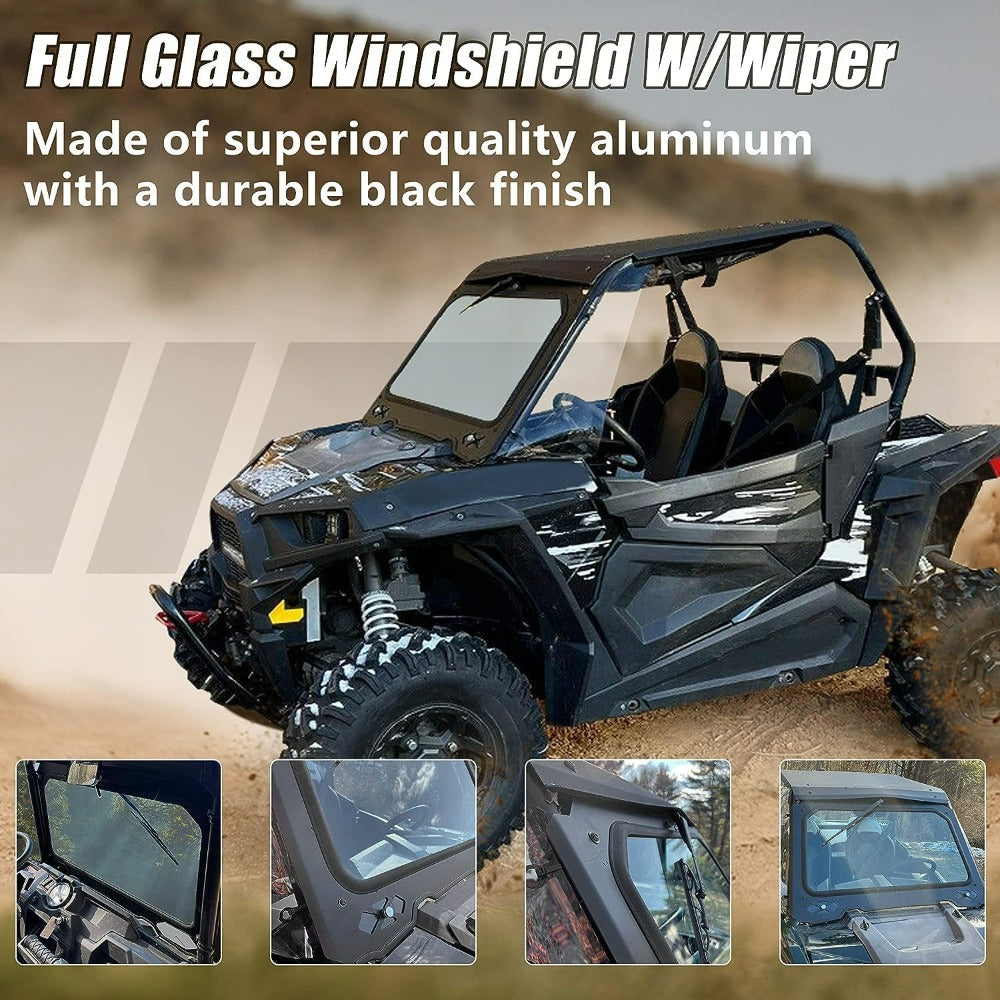 Full Glass Windshield W/Wiper Compatible with 2014-2018 Polaris RZR 900 1000 Trail, S, XP Turbo Black Frame