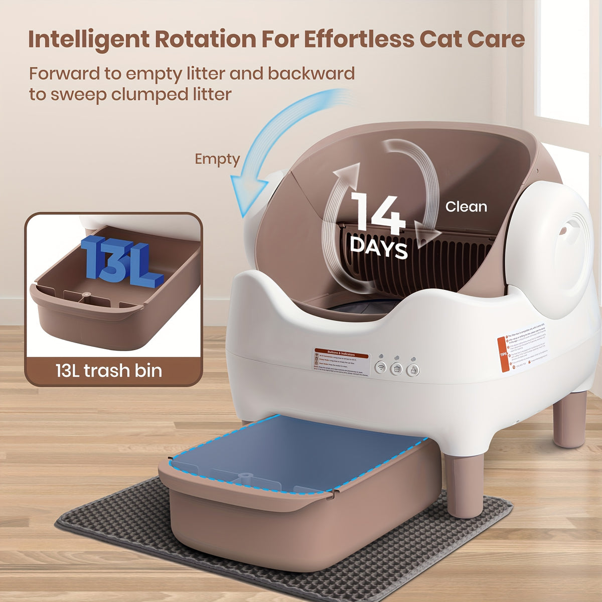 Large Smart Self-Cleaning Cat Litter Box, App-Controlled Automatic Cleaner with 3.43Gal Big Capacity, 2.4G Wifi Cat Litter Box with Odor Removal, 14-Day Hands Free Scoopless Care, Auto-Scoop, Ideal for Busy Pet Owners, 1 Brush, Trash Bags And 1 Mat