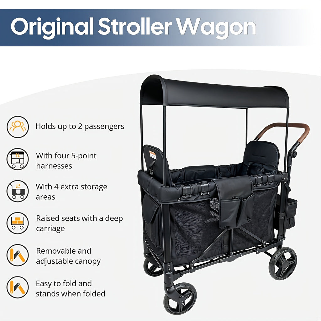 All-Terrain Stroller Wagon for 2 Kids (Available In Gray & Black) | Heavy-Duty Foldable Cart with Canopy, Snack Tray & 5-Point Harness | for Beach, Park, Family Adventures