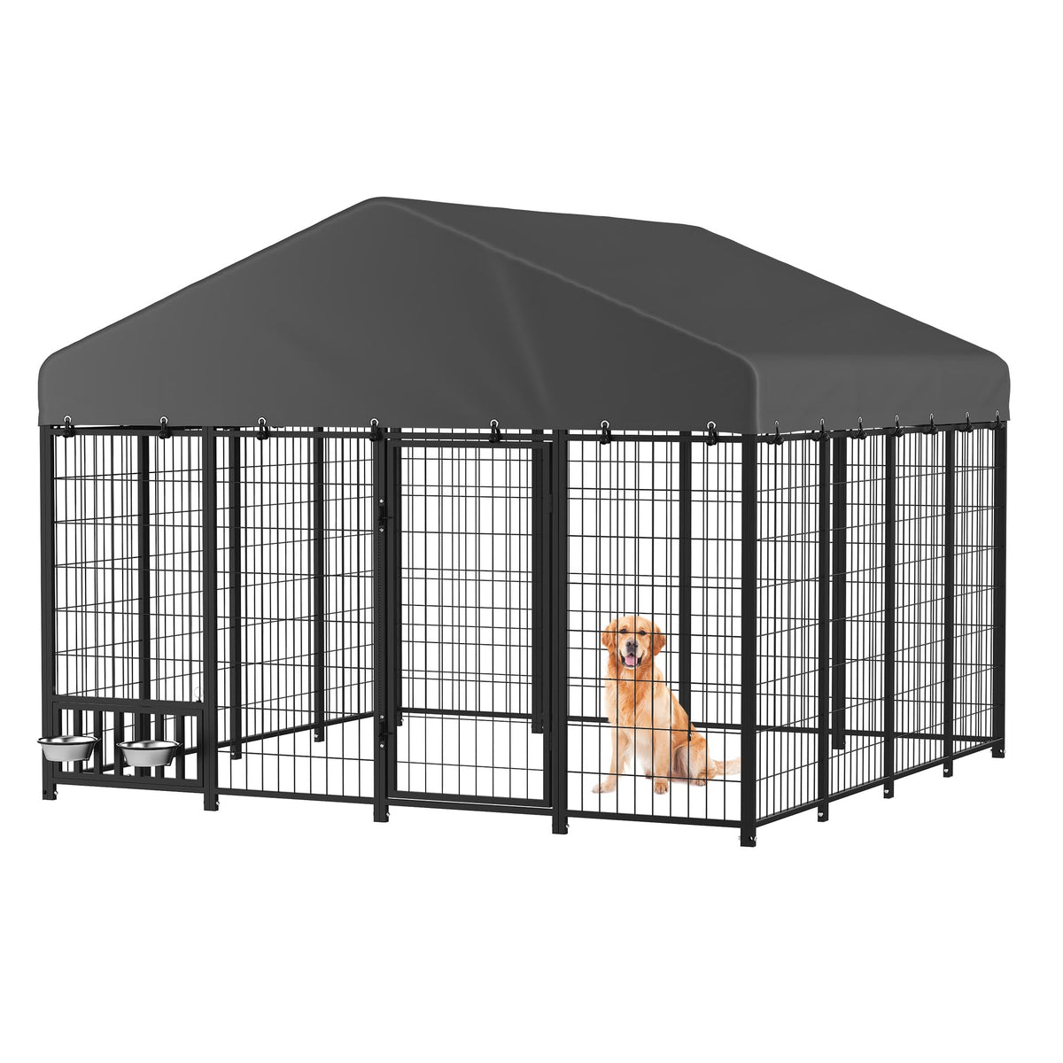 Heavy Duty Outdoor Dog Kennel for Yard, 10x10 Large Chain Link Fence with Roof, Dog Run Enclosure with Self-Locking Latch & Feeding Bowl