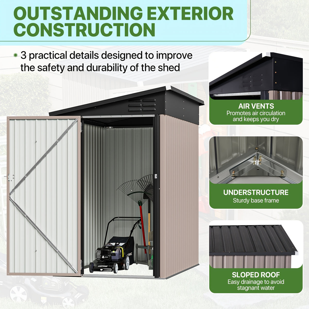 6' X 4' Heavy-Duty Metal Lean-to Storage Shed | With Sliding Door & Sloped Roof, Durable Metal Construction, Brown & Black Design, Nordivale Brand - Ideal for Patio, Lawn, Backyard - Spacious Organizer for Tools