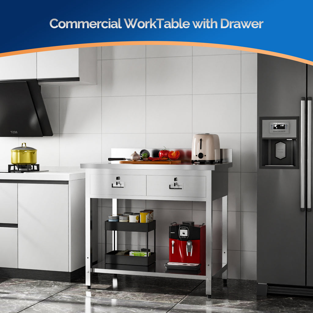 MEFEIR 42"x26" Heavy Duty Stainless Steel Commercial Prep Table with 2 Drawers & Undershelf - for Kitchen, Restaurant, Home, Garage