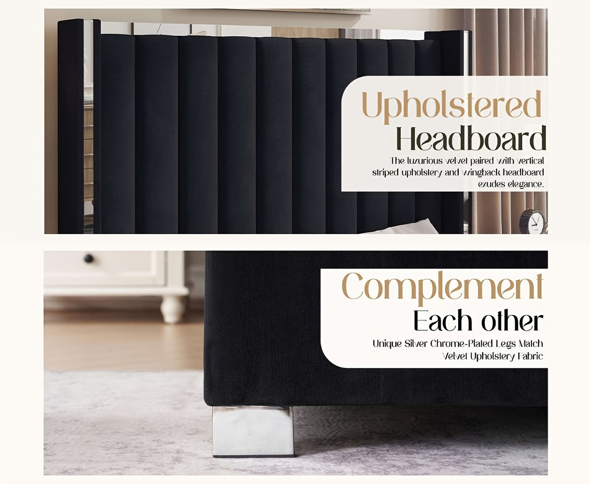 LUXOAK Velvet Upholstered Platform Bed with 58" Tall Channel Tufted Wingback Headboard, Plating Trim & No Box Spring Needed