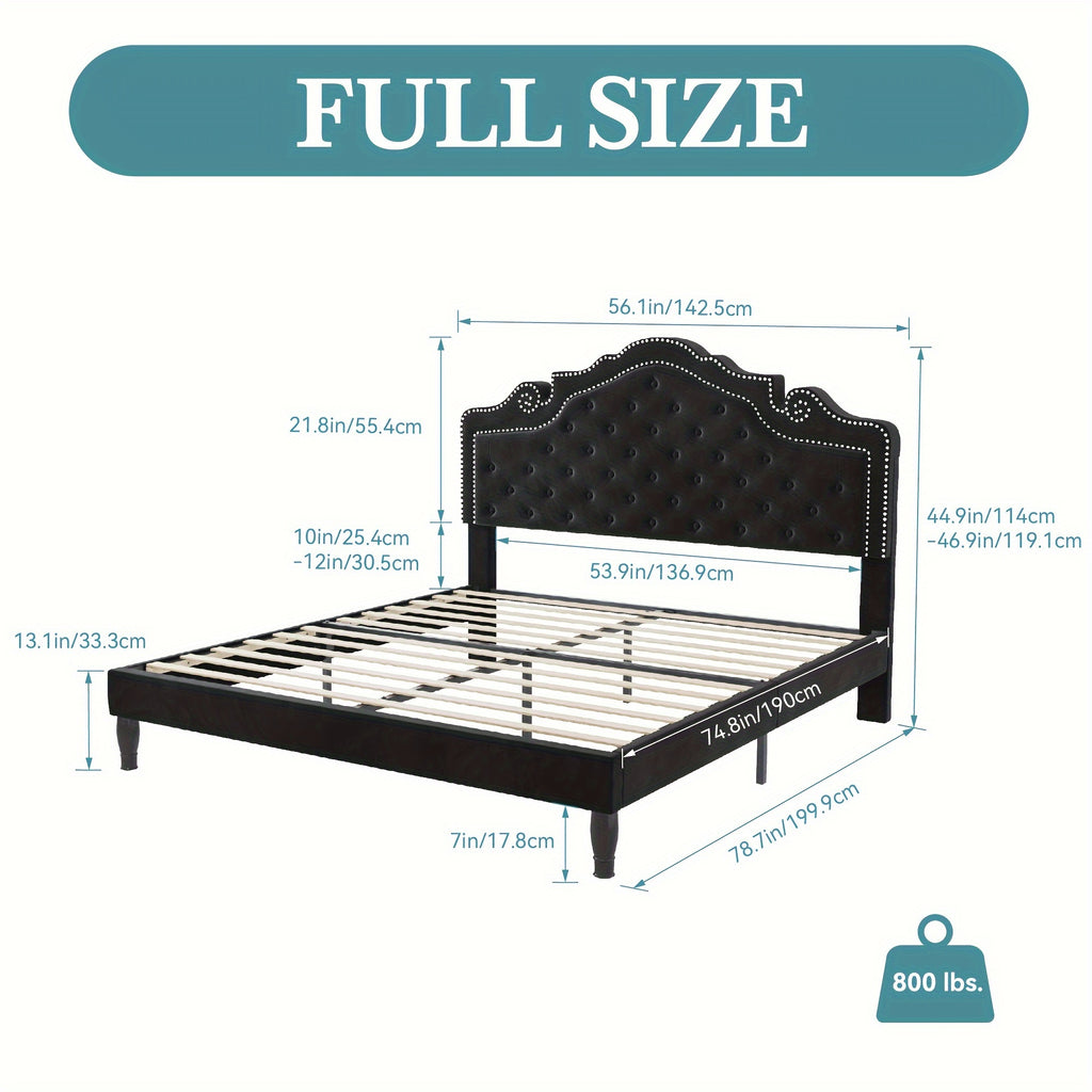 HOOMIC Full/Queen/King Size Bed Frame with Adjustable Velvet Tiara Headboard, Upholstered Diamond Button Tufted Platform Bed, Wooden Slats Support, No Box Spring Needed, Easy Assembly, Black