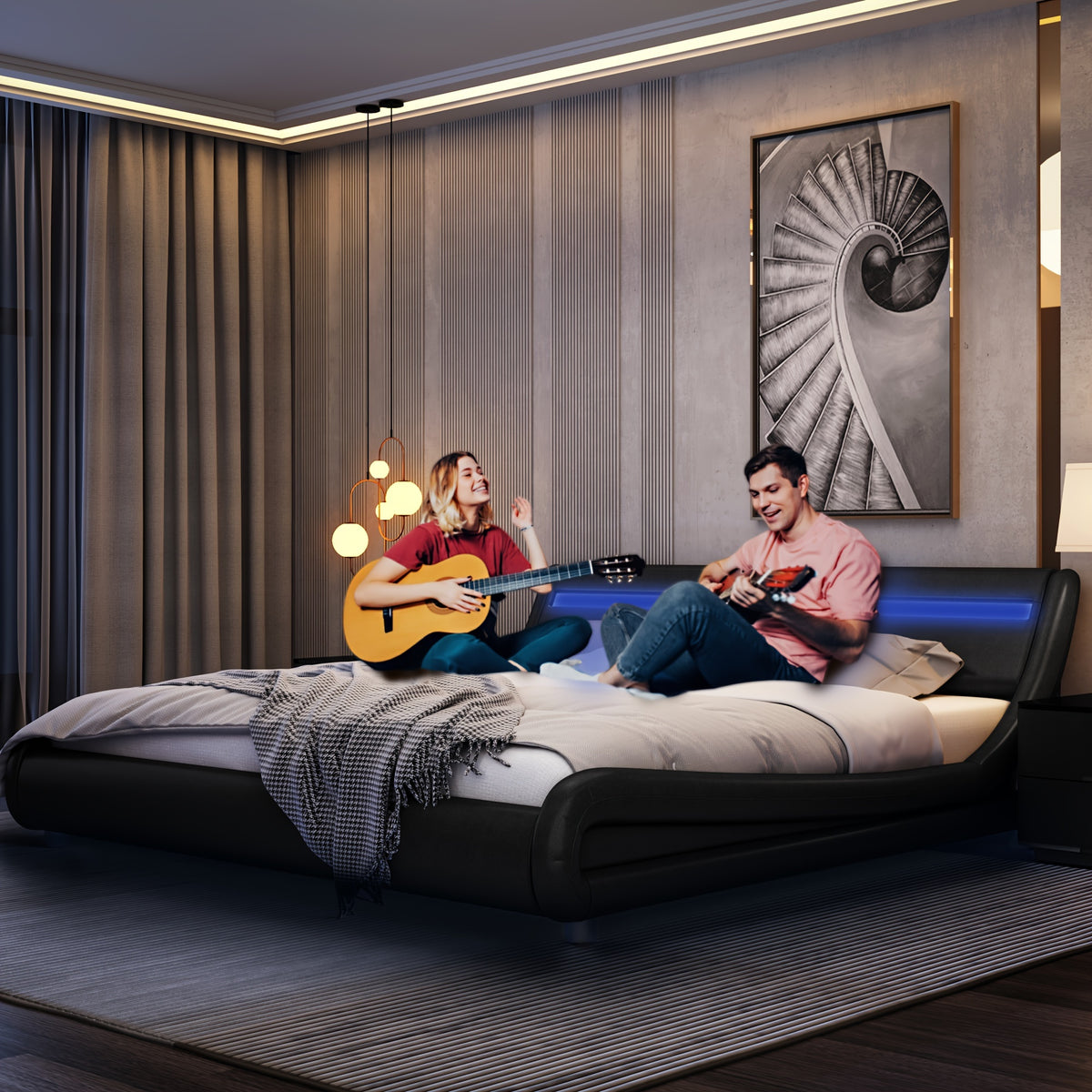 Modern Upholstered LED Bed Frame with Adjustable Headboard & Faux Leather Wave Bed - Metal Platform Bed Frame, No Box Spring Needed, Easy Assembly, Contemporary Bed for Small Spaces Suitable for Modern Bedrooms