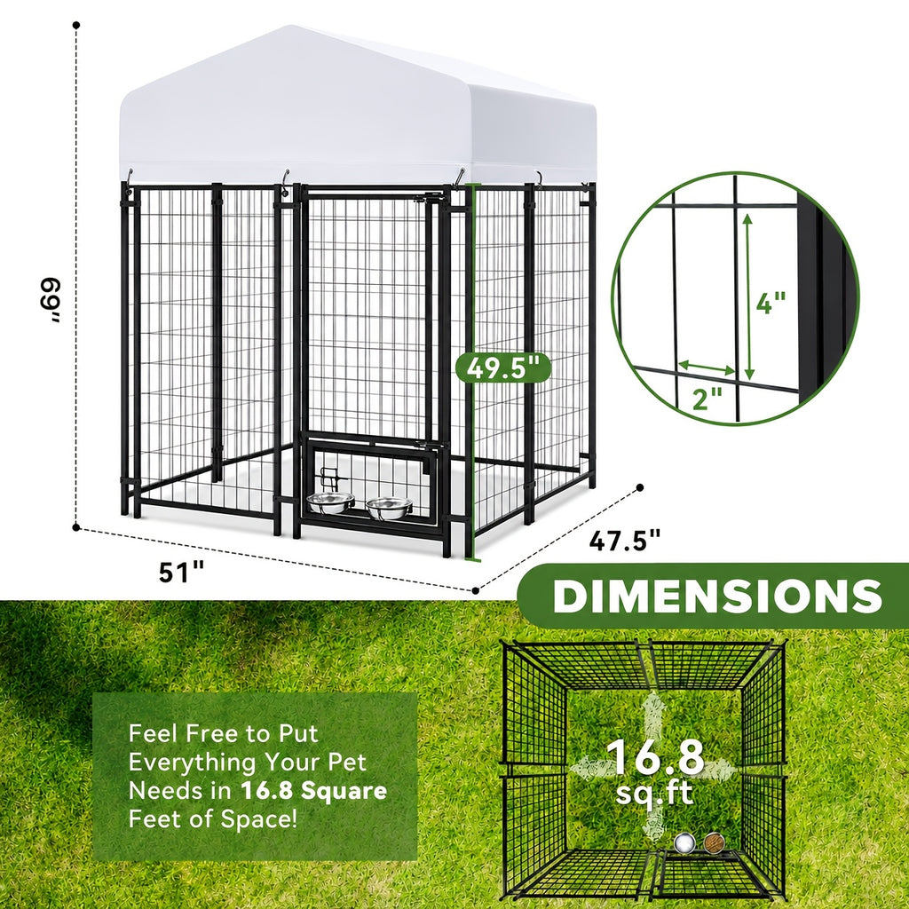 Heavy Duty Outdoor Dog Kennel for Large Dogs - Welded Steel Wire Playpen with Secure Lock, Waterproof Roof Cover & 2 Rotating Bowls, Easy to Assemble, Perfect for Small/Medium/Large Dogs