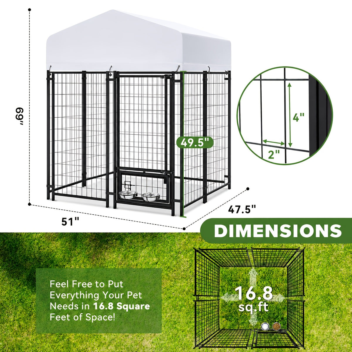 Heavy Duty Outdoor Dog Kennel for Large Dogs - Welded Steel Wire Playpen with Secure Lock, Waterproof Roof Cover & 2 Rotating Bowls, Easy to Assemble, Perfect for Small/Medium/Large Dogs
