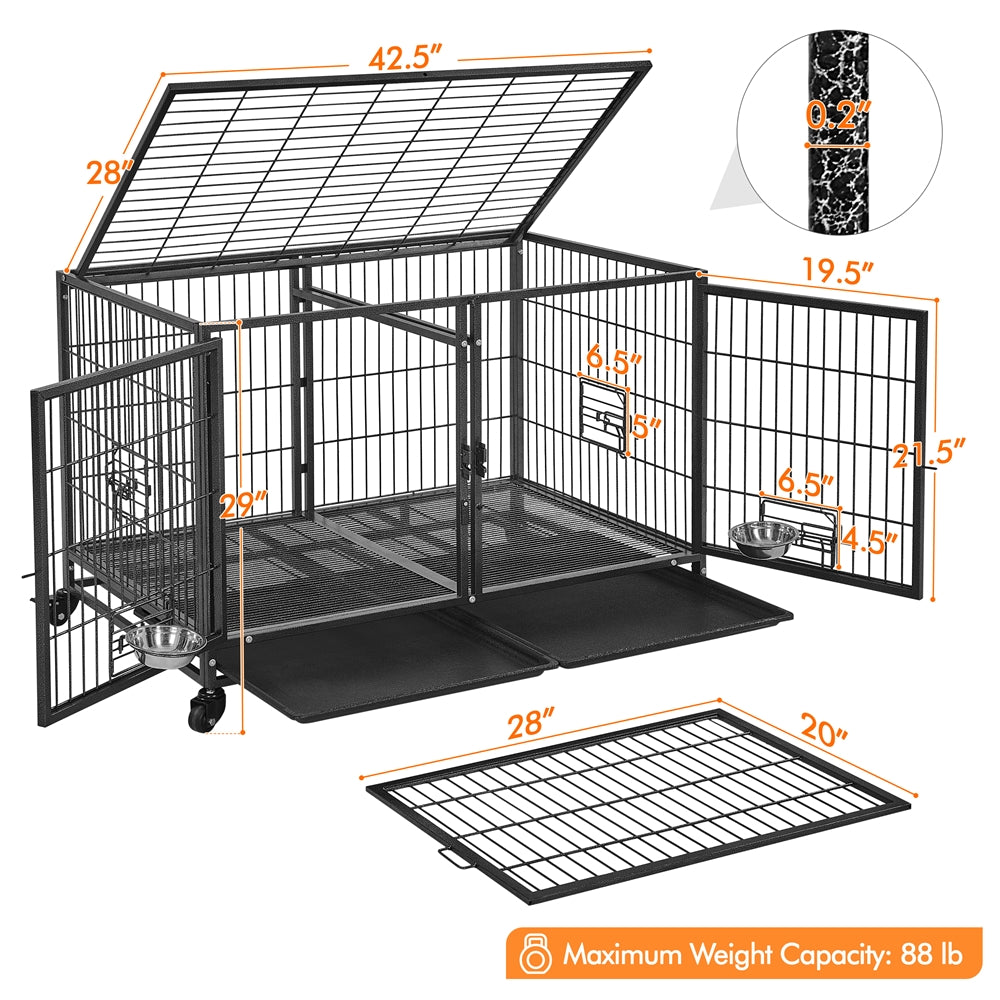 Costoffs Halloween 29/35"H Rolling Dog Crate Rolling Heavy Duty Dog Cage with 2 Stainless-steel Bowls, Removable Divider, 2 Pull-out Trays for Dogs, Black