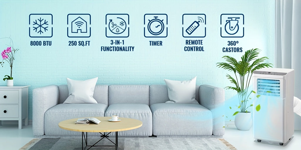 Portable Air Conditioner 8000 BTU, Remote Control, Fan Mode, Cools 250sq. Ft, 24 Hour Timer, Quiet Operation, 2 Fan Speed for Bedroom Office Home Dorm