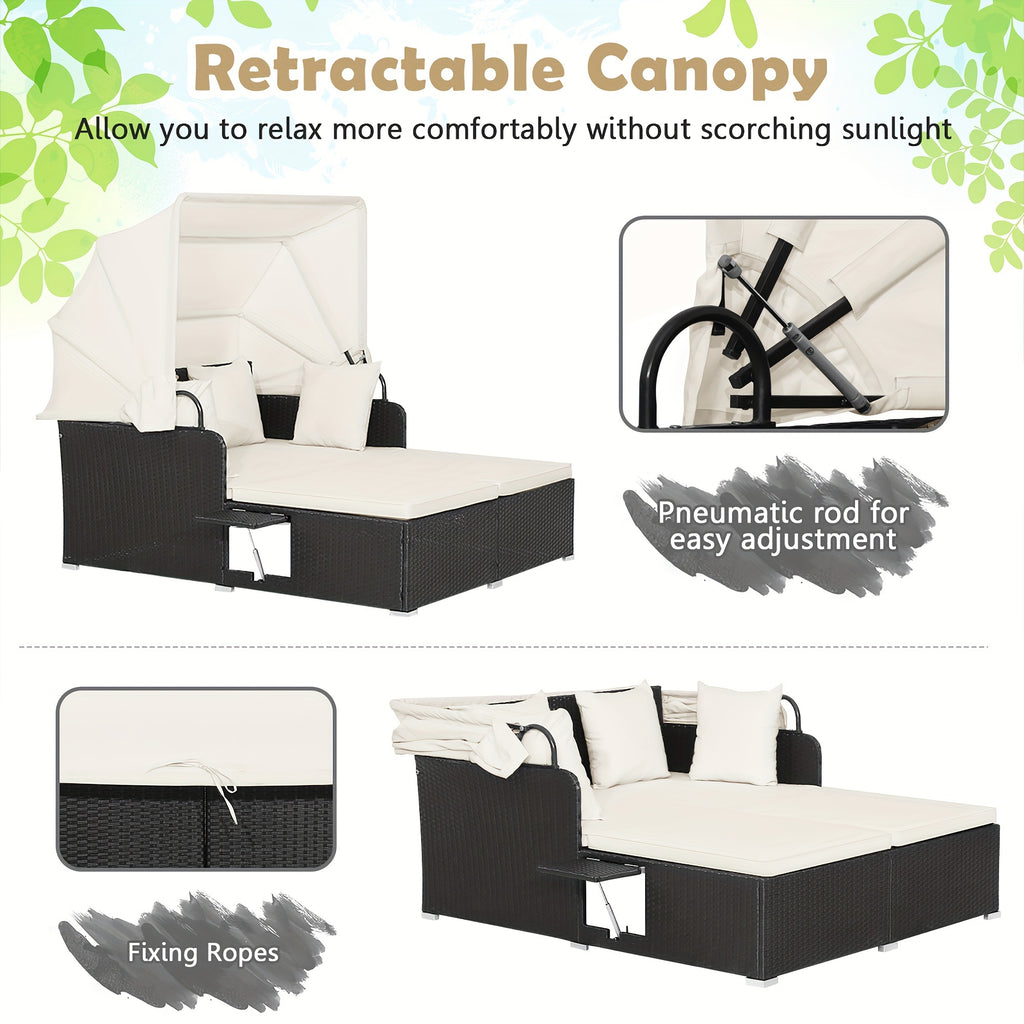 COSTWAY Patio Rattan Daybed Lounge Retractable Top Canopy Side Tables Cushions Gray.