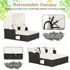 COSTWAY Patio Rattan Daybed Lounge Retractable Top Canopy Side Tables Cushions Gray.