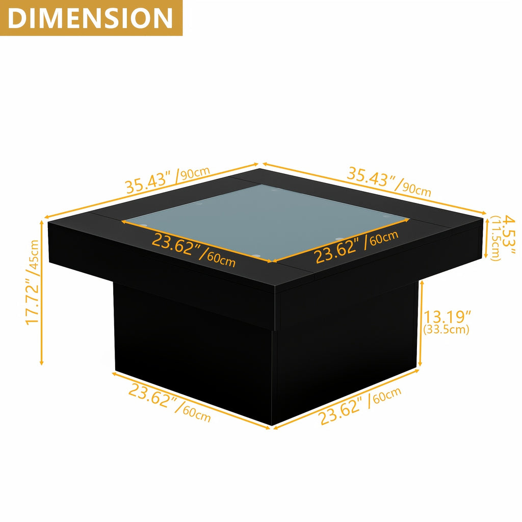 Square Coffee Table with LED Lights for Living Room, 35.4" Large Black Coffee Tables, Tempered Glass-top Modern Center Table, Engineered Wood Coffee Table for Home Office