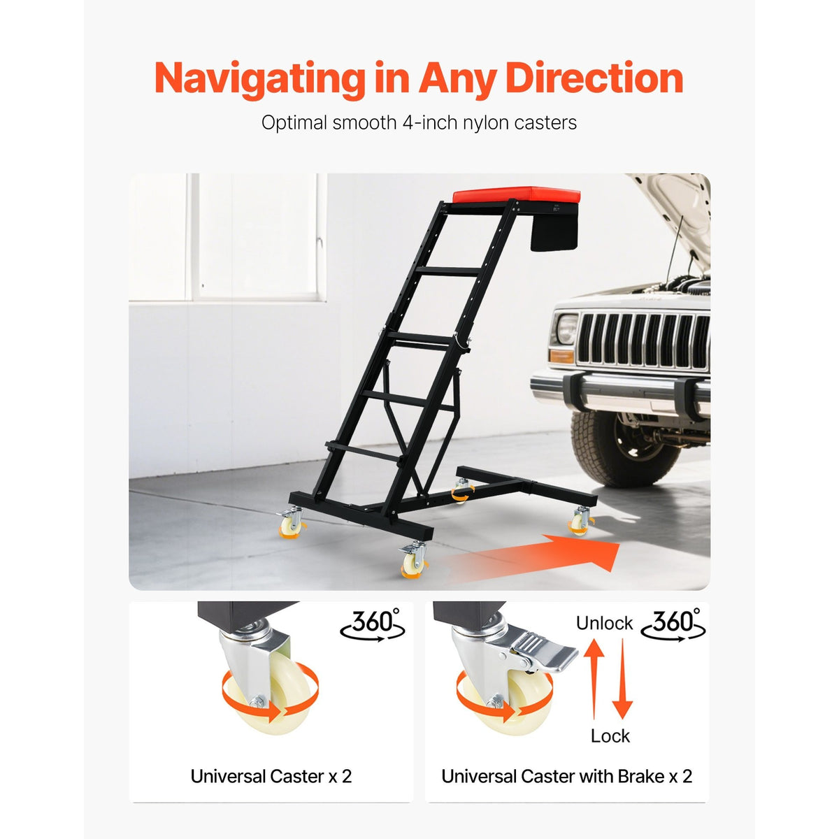 VEVOR Automotive Top Creeper, with Adjustable Height 49.6" to 75.6", 400 LBS Capacity High Creeper, 4 Swivel Caster Wheels, Heavy Duty Creeper for Auto Repair and Maintenance