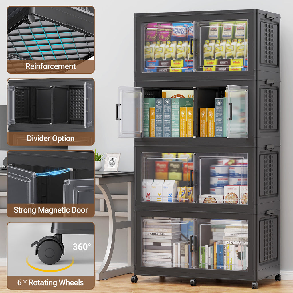 BROVIEW 150Gal/200Gal Plastic Storage Bins with Lid and Wheels, 3Pack/4Pack 600Qt/800Qt Extra Large Stackable Storage Bins With Dividers, Closet Organizers and Storage Cabinet Shelves Collapsible Box for Home Office, Black/White
