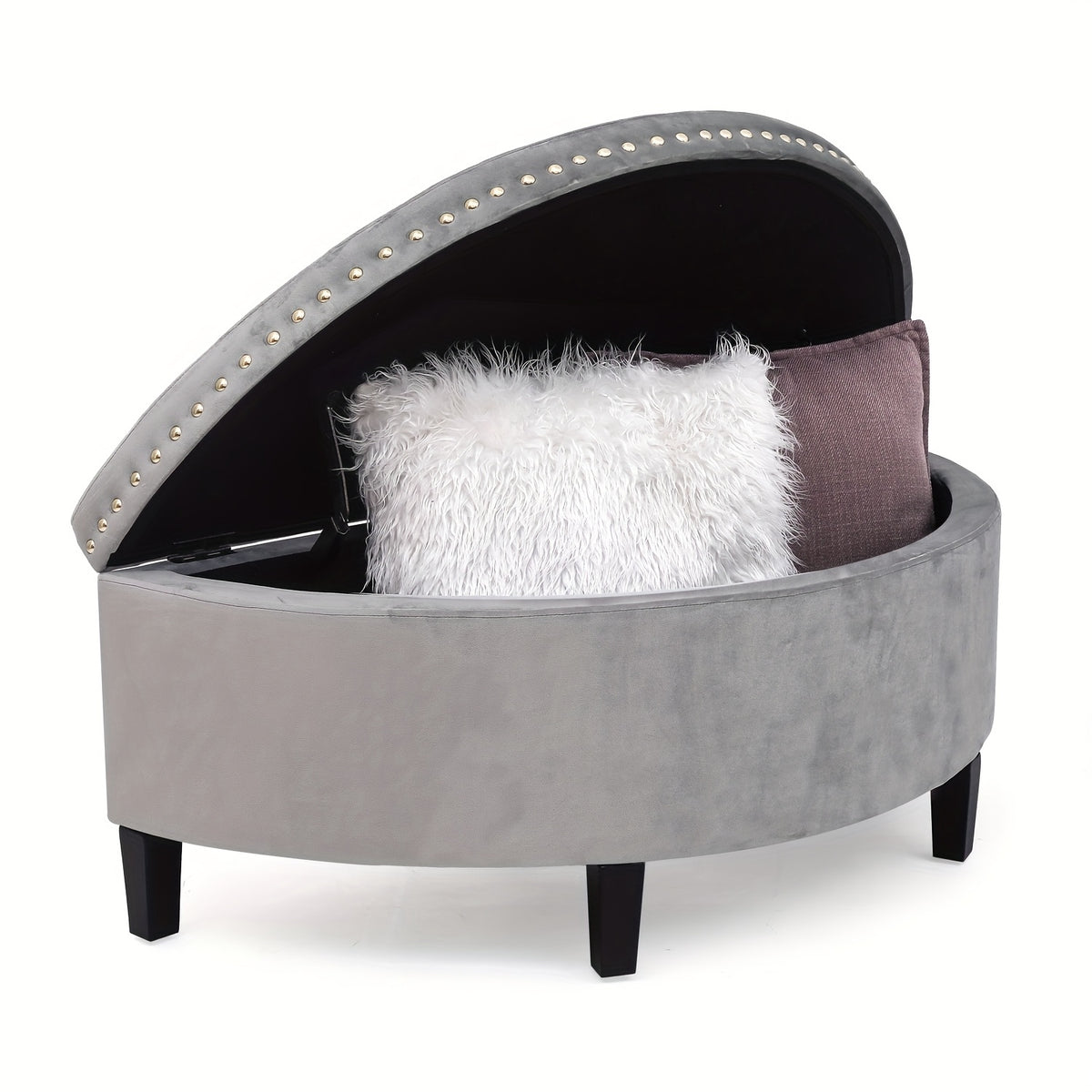 43.5" Velvet Storage Bench with Button Tufting Rivet Details Half Moon Ottoman for Living Room, Bedroom, Or Entryway Sturdy Hardwood Frame, Hidden Storage, Elegant Design, Living Room Seating Elegant Velvet Bench Velvet Upholstery, Bench for Bedroom