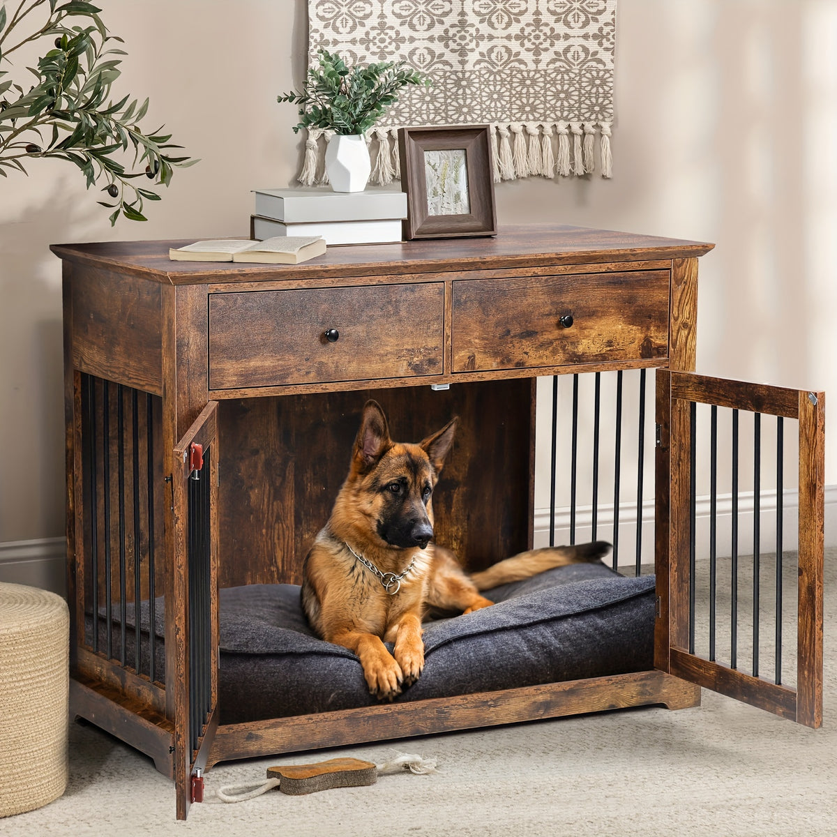 44 Inch Large Dog Crate Furniture, Wooden Dog Kennel End Table With Storage Drawers, Decorative Pet Crates Dog House Indoor For Dogs