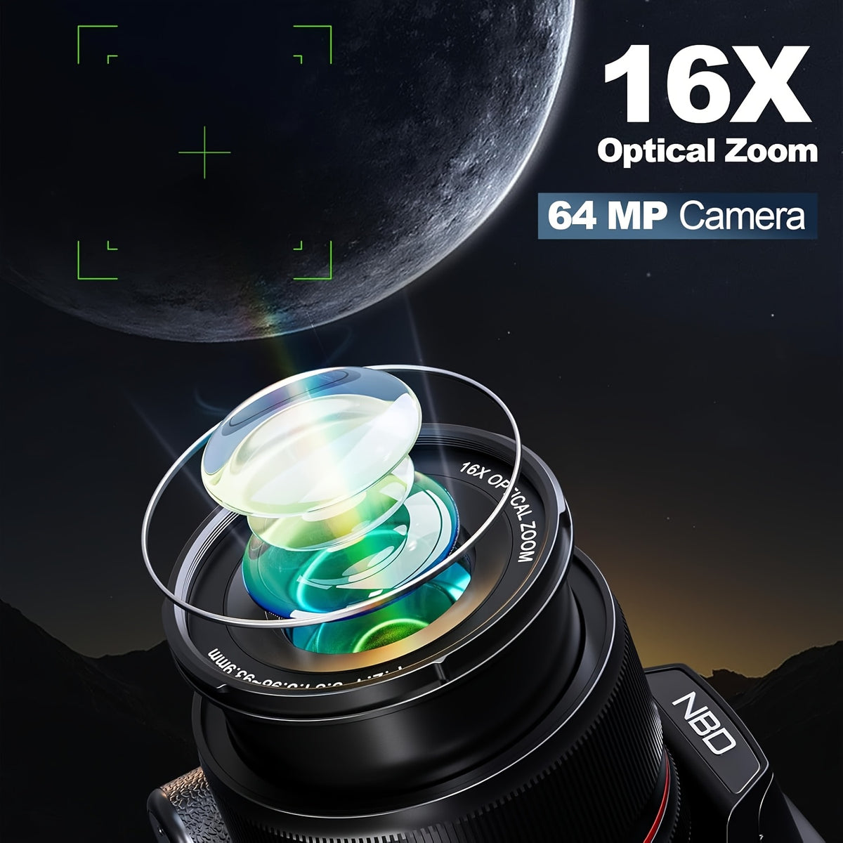 NBD 5K And 64MP Digital Cameras for Photography, 16X Optical Zoom Camera with Wifi And App Control, Vlogging Camera with 180° Flipable 3-Inch Screen, Auto Focus, Bag, 2 Batteries, Camera Strap And 32GB Card