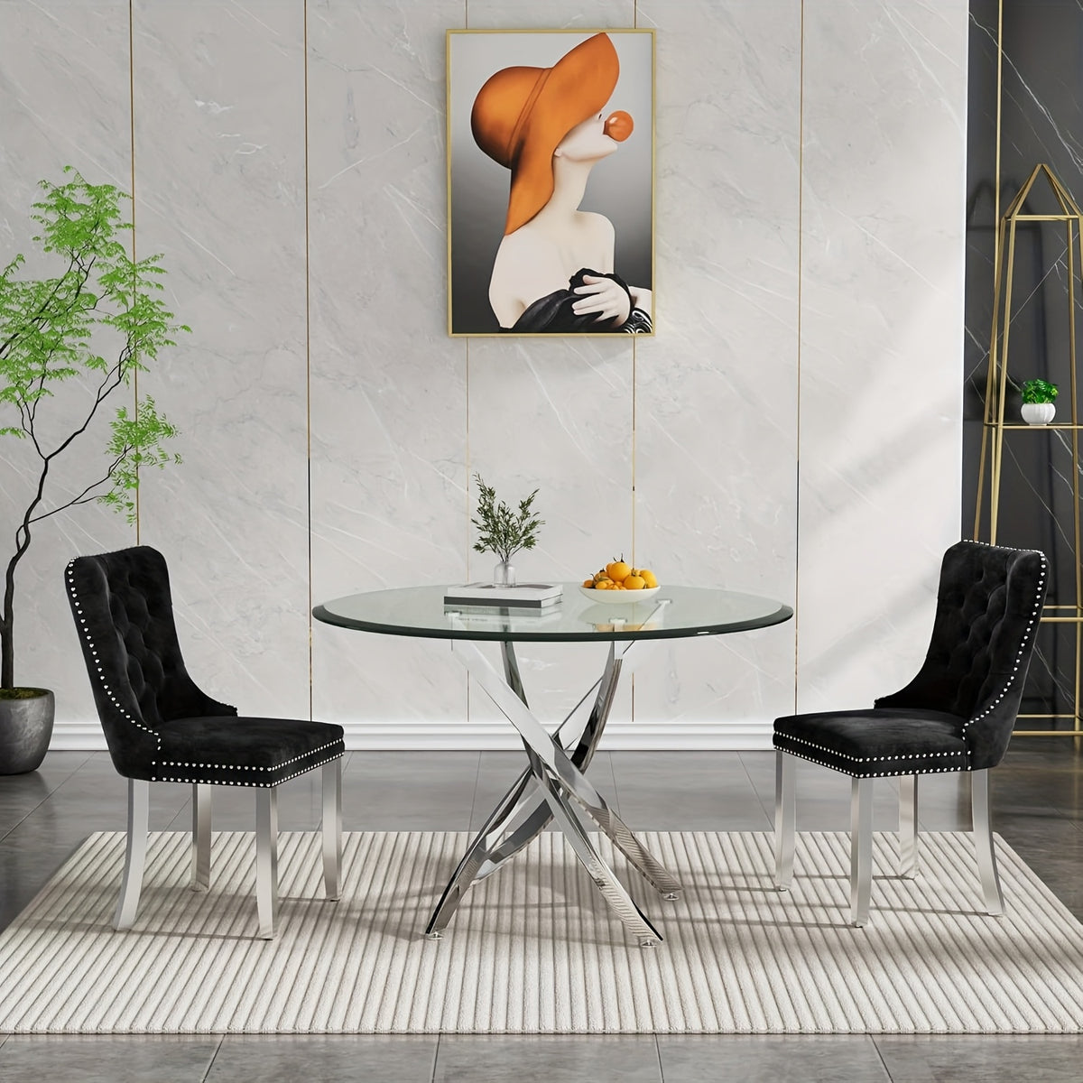 5/3/1pc Round Dining Table Set, Modern Tempered Glass Dining Table With Velvet Dining Chairs, 36" Kitchen Table With Stainless Steel Base For Living Room, Dining Room, Kitchen, Office, Lounge