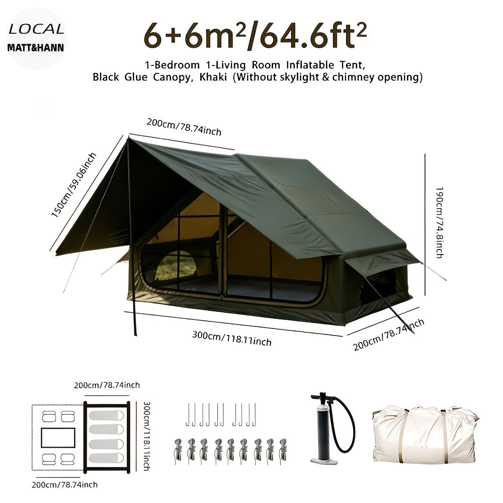 Inflatable Camping Tent（Optional: Skylight, Stove Jack） for 4-6 Person,4 Season Camping Tent, Large Luxury Air Tent with Manual Pump, Easy Setup Portable Glamping House, High Quality Windproof Family Outdoor Shelter Best Valentine's Day Gifts