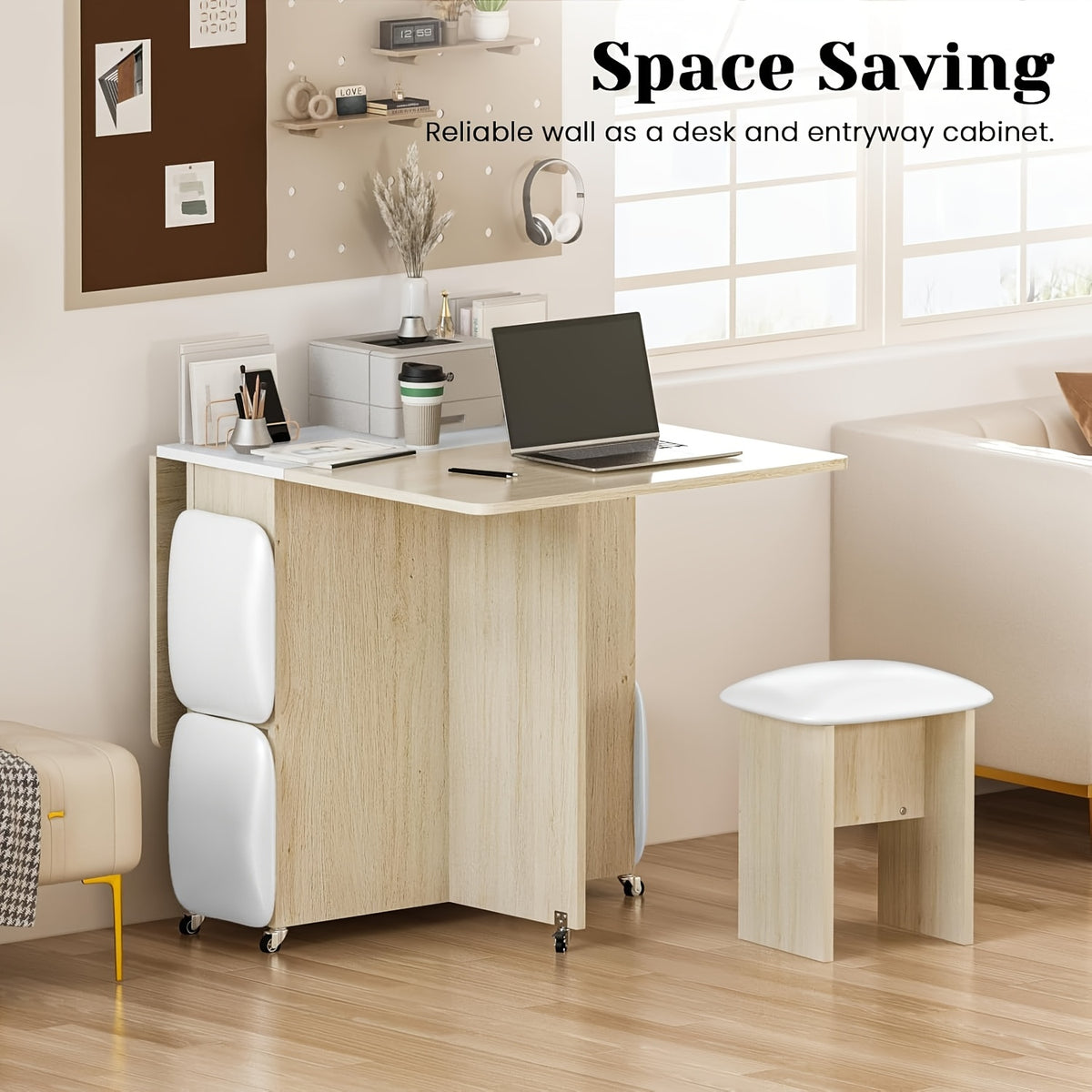 Folding Dining Table Set for 4, Kitchen Table with 4 Faux Leather Chairs And Shelves, Space Saving Wood Rectangle Foldable Kitchen & Dining Room Tables for Small Space with 6 Wheels