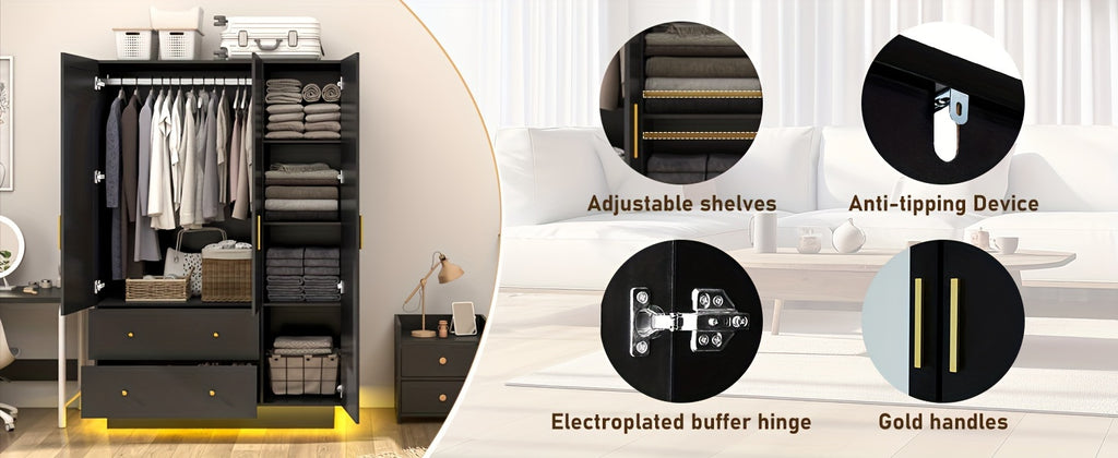Modern Wardrobe Closet with Mirror And LED Lights, Bedroom Armoire with Drawers And Shelves, Wooden Closet Cabinet with Hanging Rod
